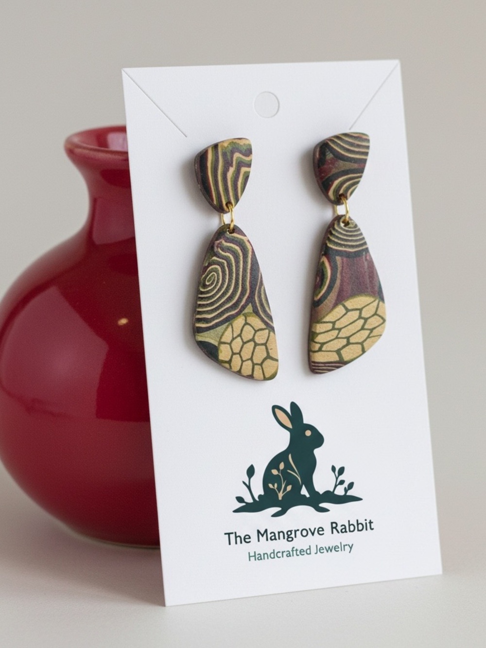 Crimson Ecru Green Swirl Large Handmade Polymer Clay Dangle Earrings w SS Posts